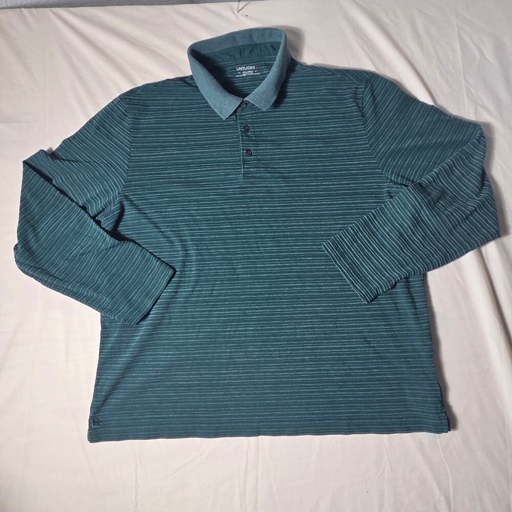 UNTUCKit Mens XXL Miro Long Sleeve Polo Shirt Green Striped Untucked Fit